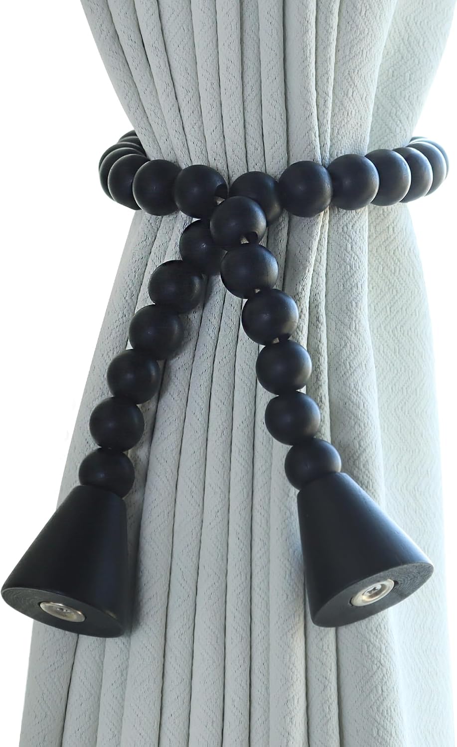Meplait Magnetic Curtain Tiebacks, 4 Pack Boho Curtain Tie Backs, Black | Wood Bead Curtain Tie Backs, No Drill Curtain Holder for Drapes, Adjustable, for Living Room Bedroom Nursery Decor