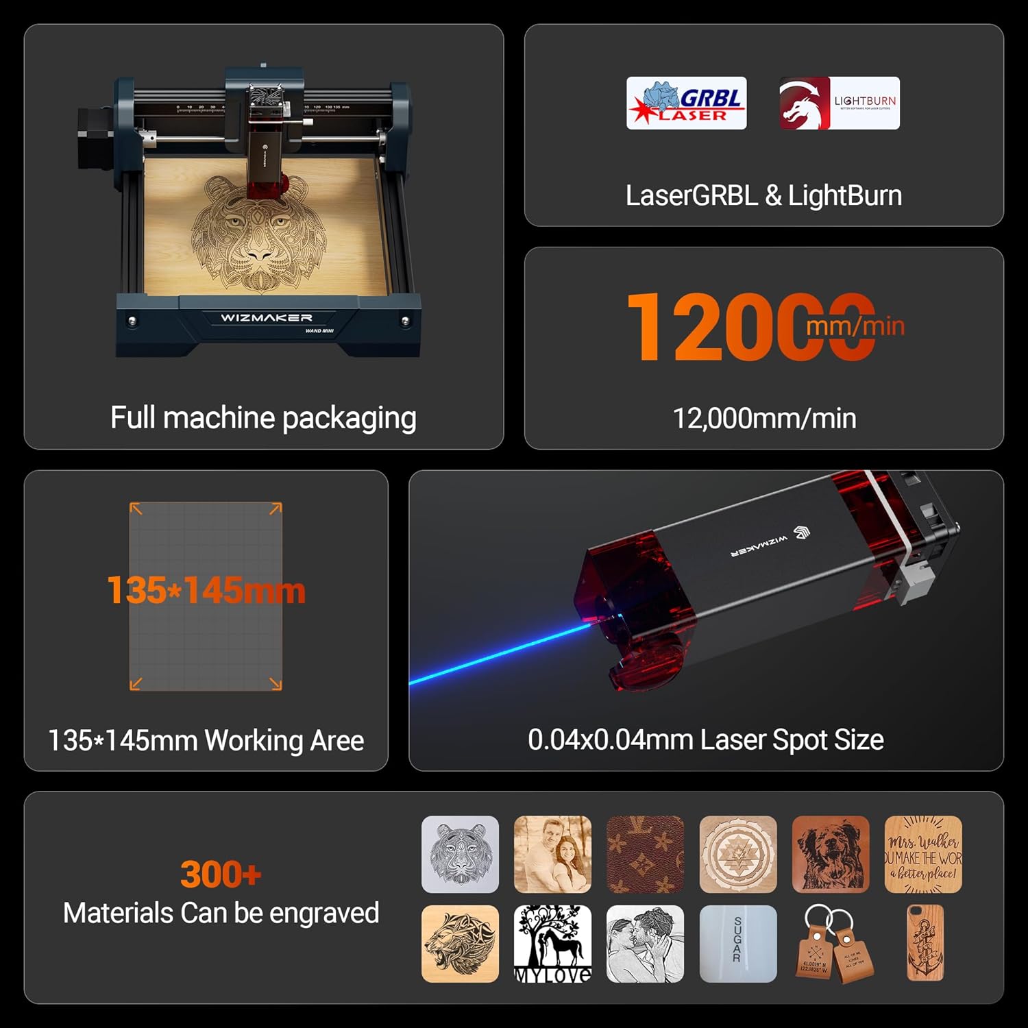 WIZMAKER Laser Engraver Machine, 2.5W Laser Engraver, Spot Size 0.04mm, Engraving Speed 12000mm/min, Supports WiFi/Hotspot/USB, Suitable for Wood, Leather, Acrylic, and Glass Materials