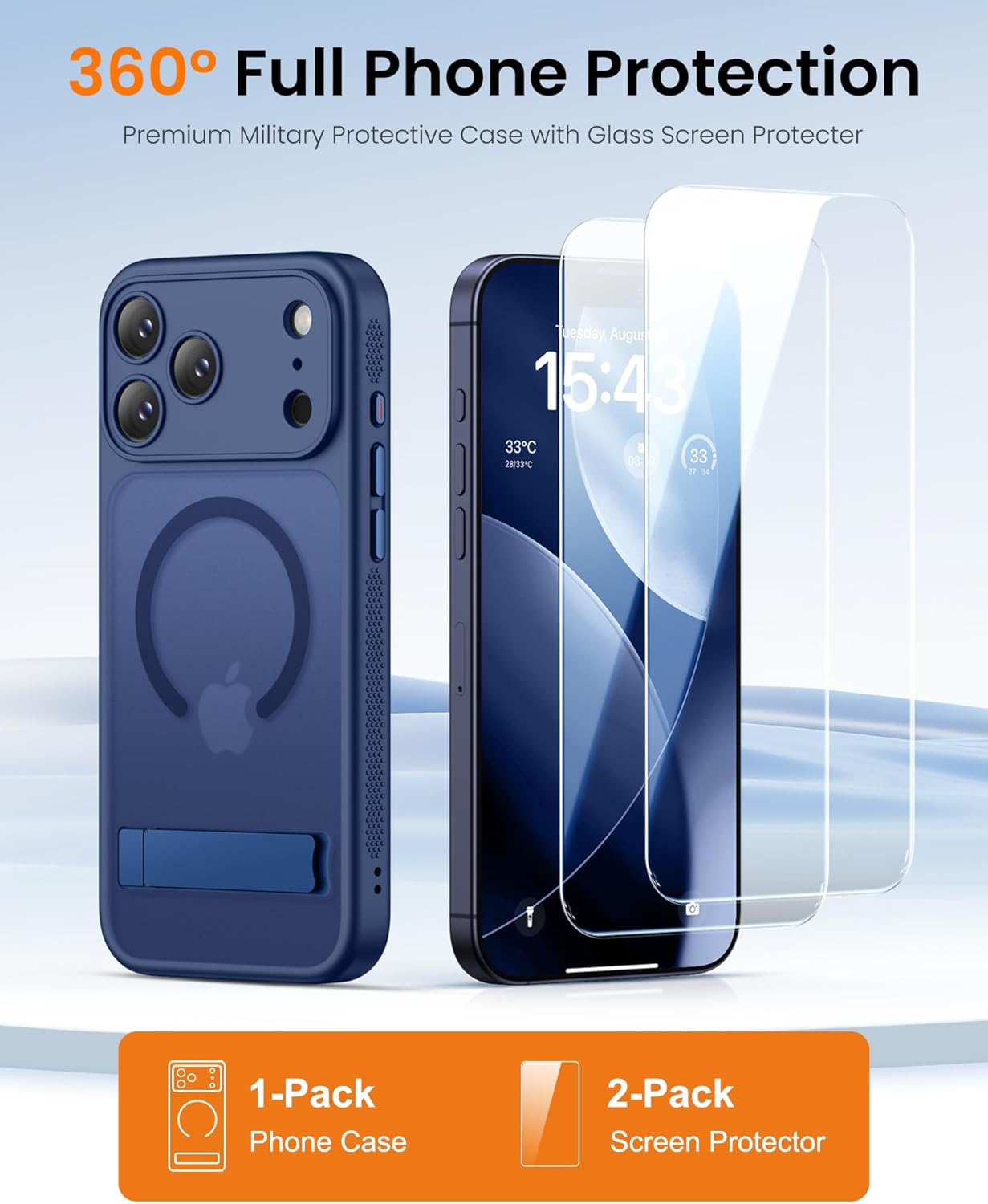 BXYJY for iPhone 17 Pro Magnetic Case with Stand, 2 Glass Screen Protectors, Compatible with MagSafe, Lens Protection, Camera Control, Military Grade, Translucent Matte Case for iPhone 17 Pro, Blue