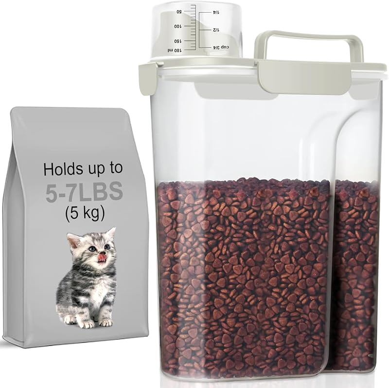 Pote para Armazenamento de Alimentos para Gatos, Cães e Pequenos Animais LEAWALK com Bico Grande e Copo, 5 L, Elegant White