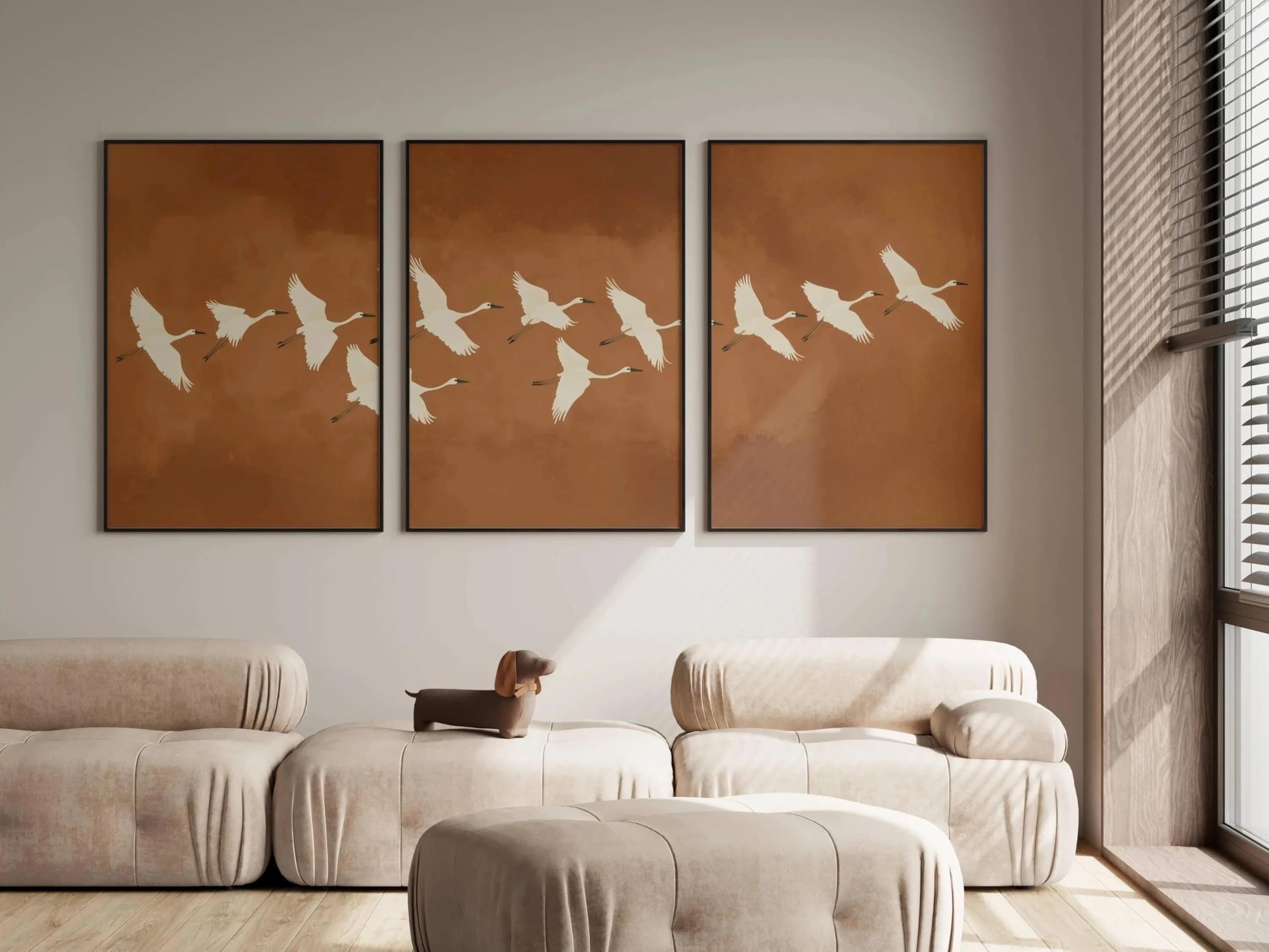 LTjiajuypd Terracotta Flying Crane Wall Art,Minimalist Japanese Bird Canvas Prints Painting Neutral Abstract Decor For Living Room(30x40cm-3Pcs)