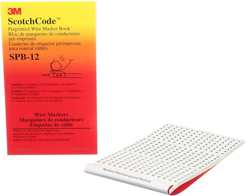 ScotchCode Pre-Printed Wire Marker Book SPB-12 | 15 each A-Z; 8 each +; 7 each -; 21 each blank write-on markers, For Marking Wire and Cables, Electrical Cable Management