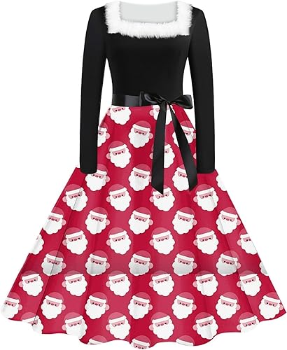 Vestidos largos para mujer, dobladillo con vuelo, cuello cuadrado, vestido de Navidad estampado de manga larga, vestido de vacaciones con volantes