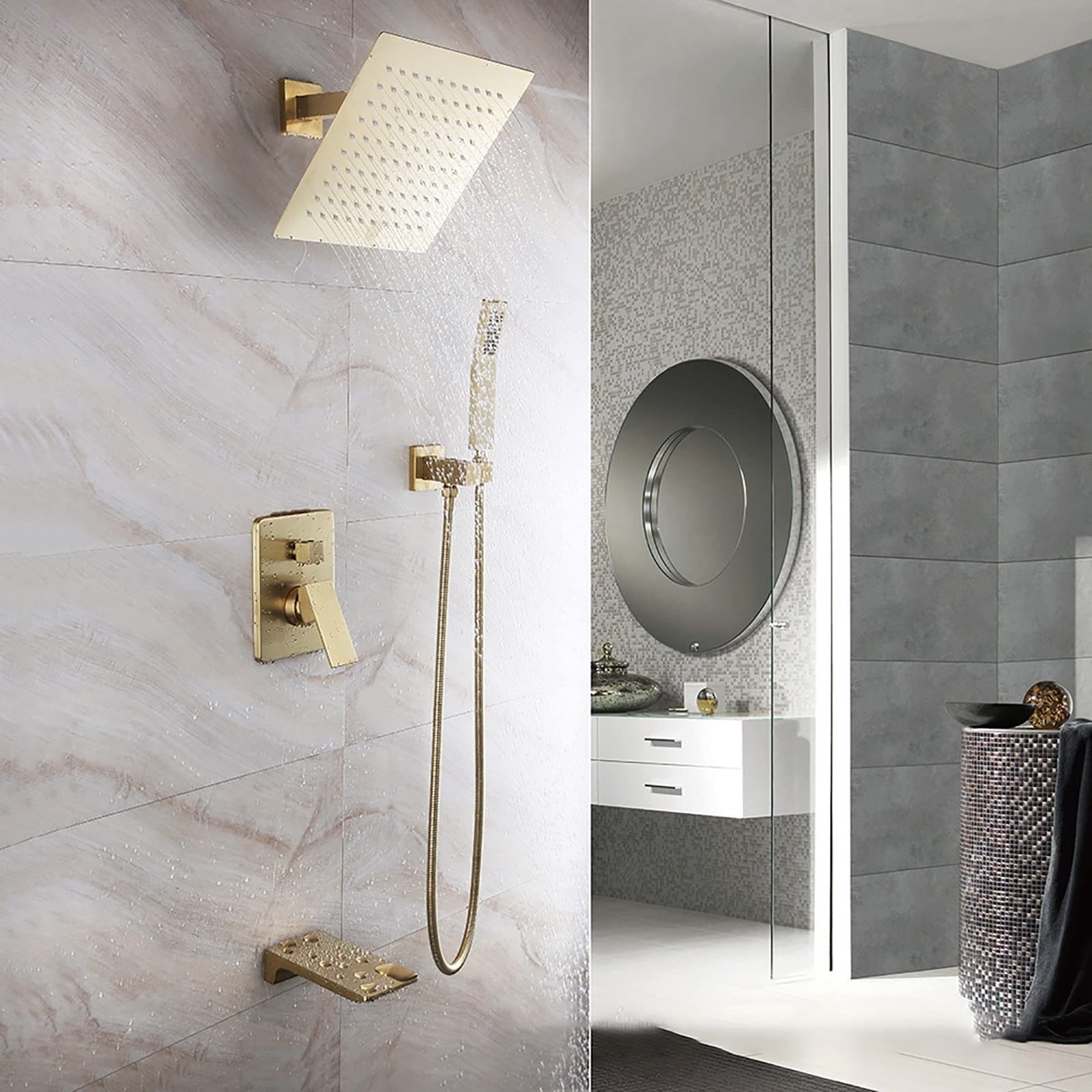 Duschsystem, Duschhahn-Set aus gebürstetem Gold, wandmontiertes Regendusche-Kombi-Set, Wannen- und Duschverkleidungsset mit einem Griff und 10-Zoll-Regenduschkopf, Duschs