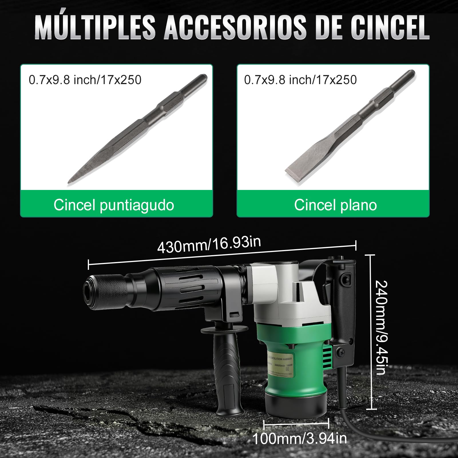 Martillo perforador SDS Plus, juego de martillo demoledor de 1400 W y 30 julios, taladro percutor eléctrico 3 en 1 de 3600 RPM con mango antivibración, incluye cincel puntiagudo y cincel plano.