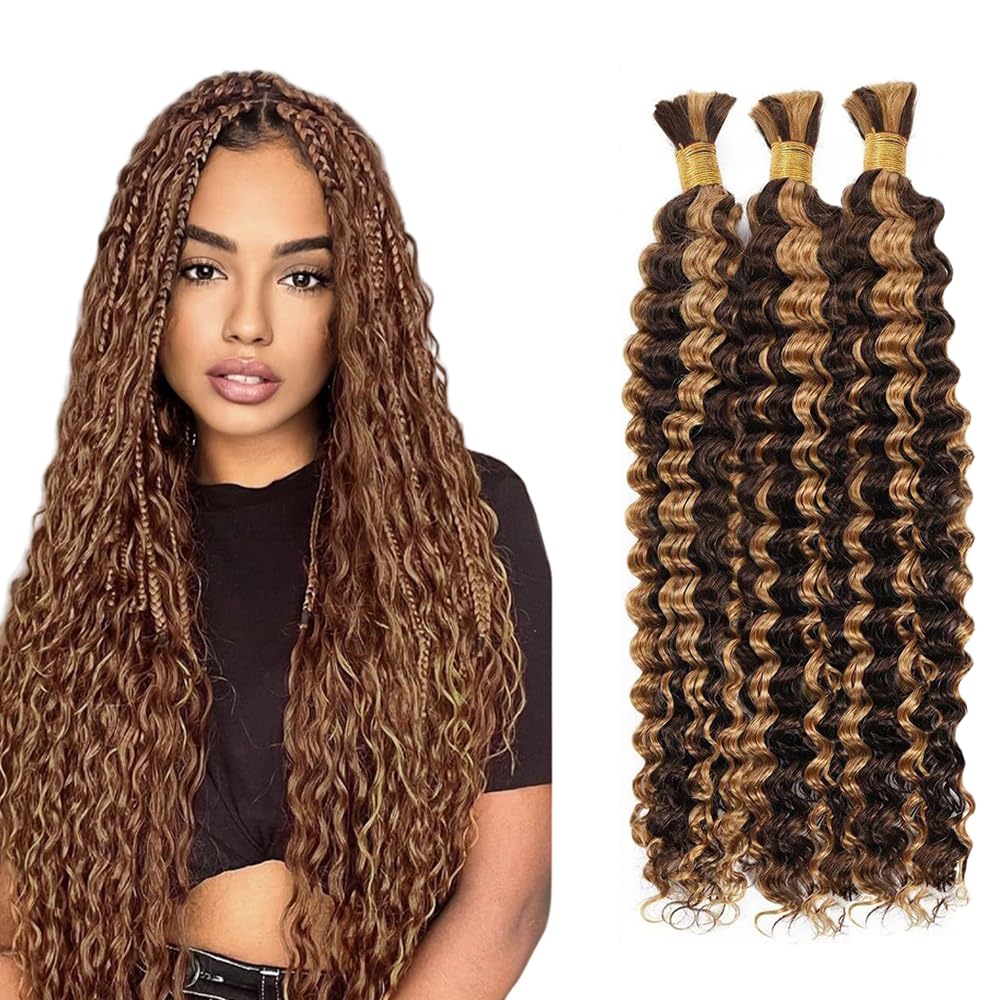 Deep Wave Bulk hair for Braiding Cheveux humains P4/27 Highlight Blonde 3 Bundles/Pack No Weft Premium Braiding Hair Extensions for Boho Braids With Minimal Tangle 16 16 16 Inch