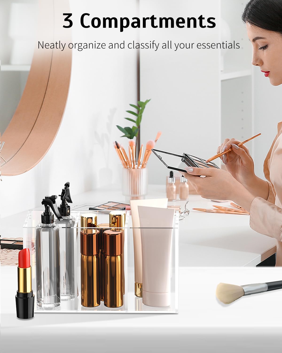 Uniclife Clear Acrylic Pen Holder for Desk, Plastic Pencil Holder Pen Organizer with 3 Compartments, Desktop Stationery Organizer for Office Home School, Vertical Makeup Brush Holder, 6.8" x 3" x 4" image 2