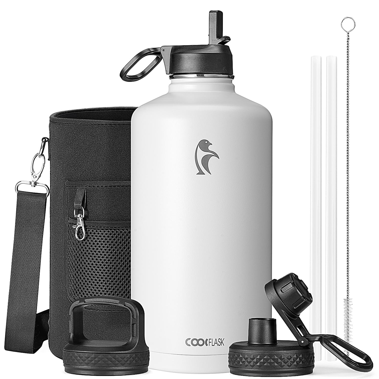 Coolflask Borraccia termica da 3,6 litri, con cannuccia e 3 coperchi, grande brocca in acciaio inox a bocca larga, per sport, palestra o ufficio, senza BPA, mantiene il freddo per 48 ore e calde per