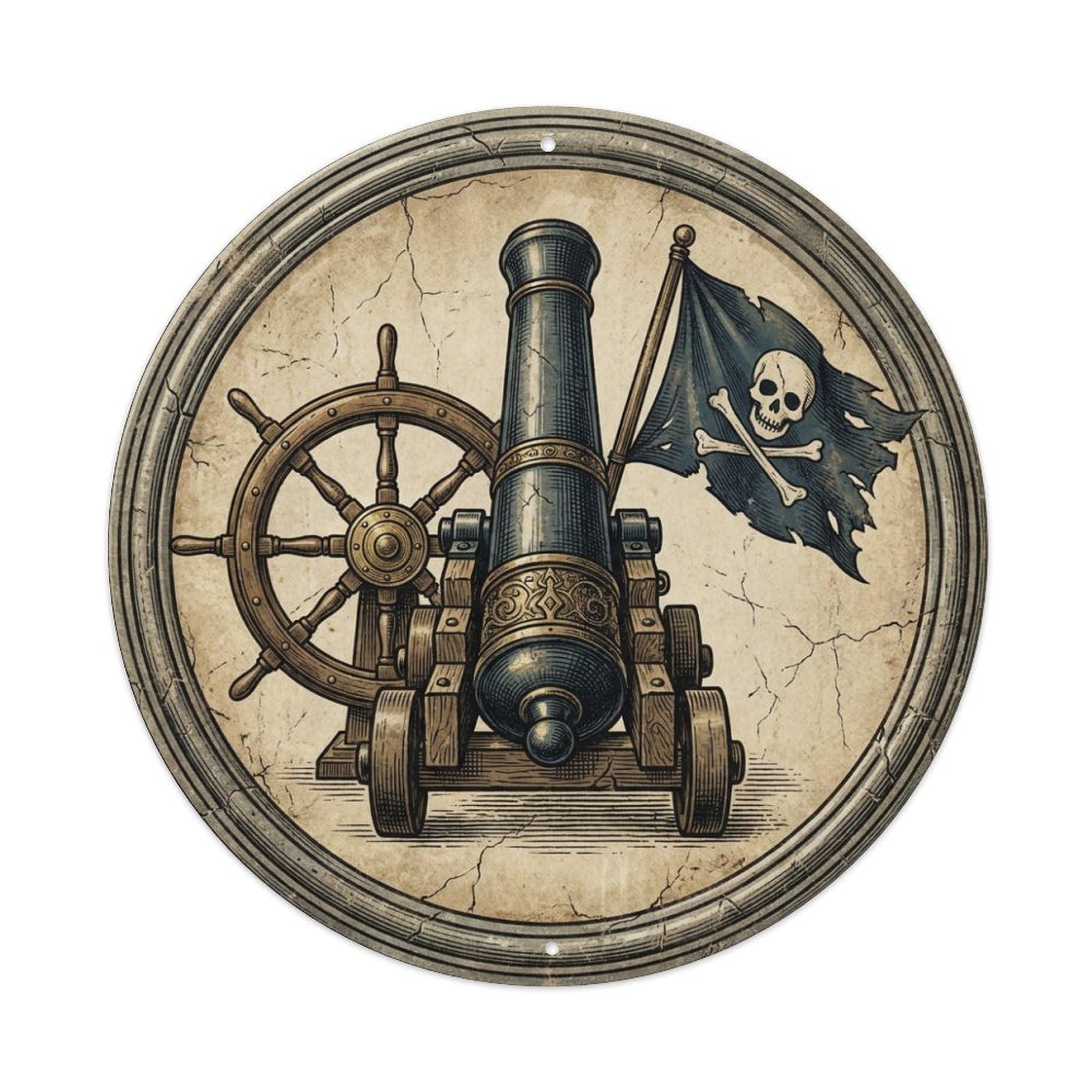Pirate Big Cannon Ship Wheel Black Flag Nautical Metal Tin Sign