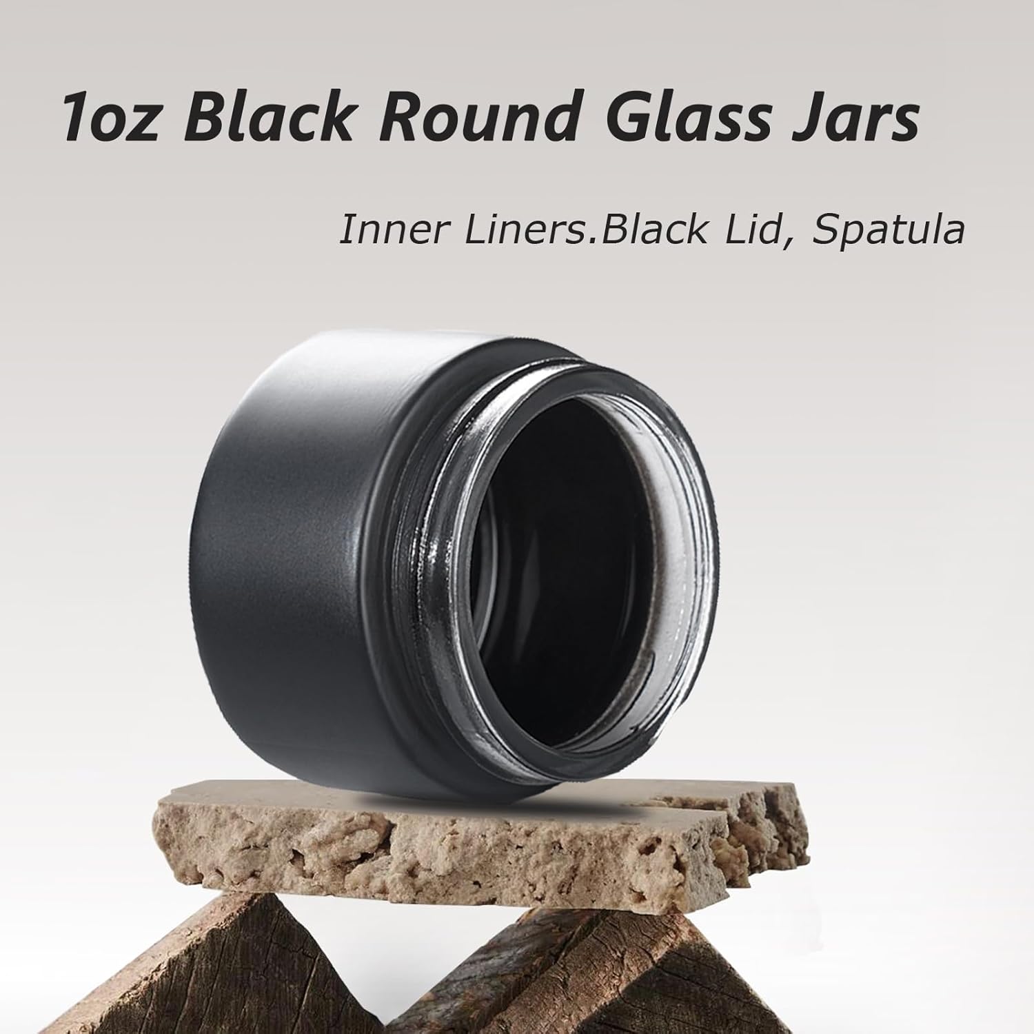 OverNews 48 1oz Black Glass Jar, Empty Cosmetic Lotion Containers,with Inner Liners,Black Lid, Spatula (Black）
