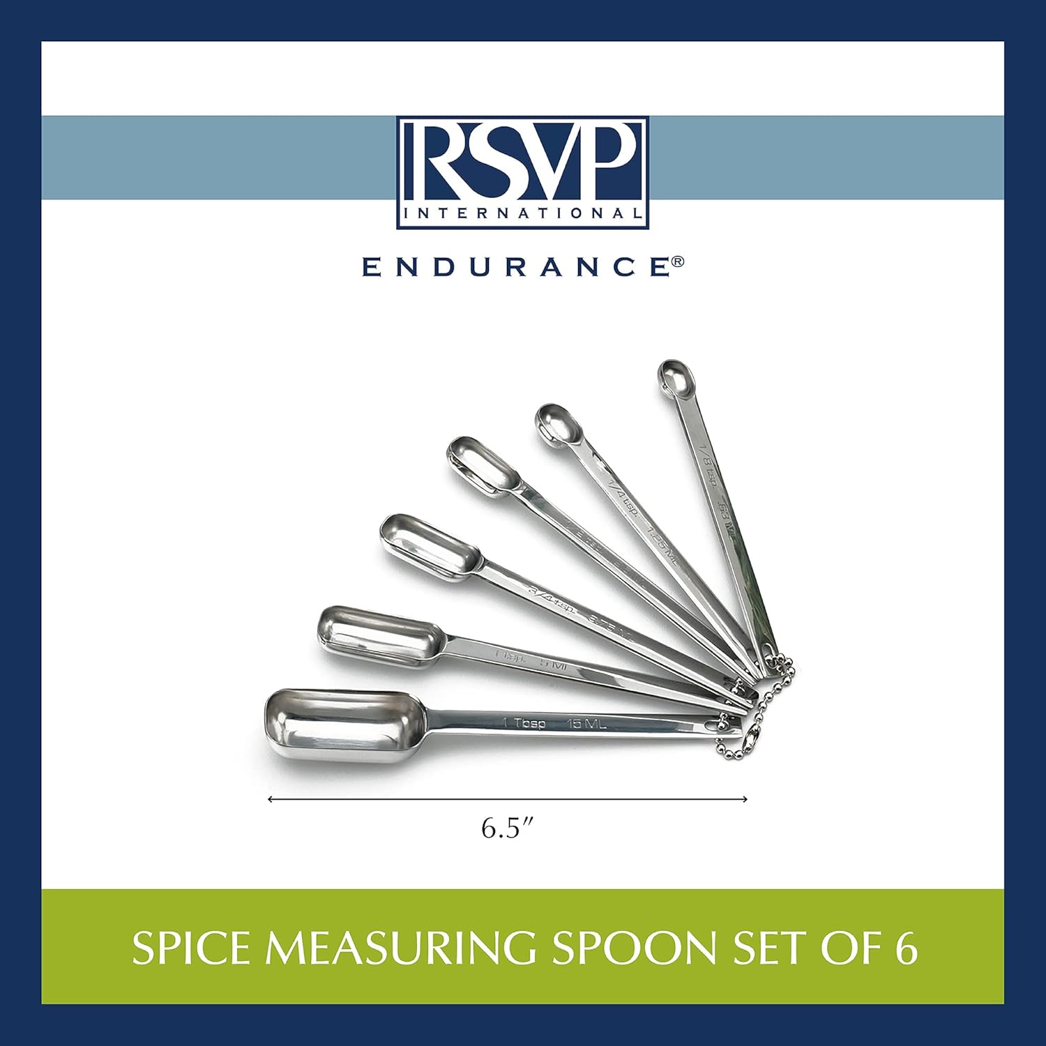 RSVP International Endurance Stainless Steel Spice Measuring Spoons, Set of 6 | 1/8 tsp to 1 Tbsp Measurements | Nest for Easy Storage | Dishwasher Safe | Dry or Liquid | Baking or Cooking : Tools & Home Improvement