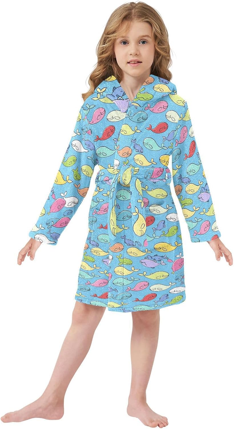 senya Color Small Whale Toddler Hooded Bathrobe Kids Soft Plush Bath Towel Robes for Boys Girls 2-12 Years