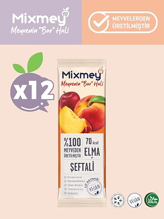 Mixmey Şeftali Meyve Barı 12 Adet | Sağlıklı Atıştırmalıklar – Vegan, Glutensiz, Koruyucusuz 20gr X 12 Adet