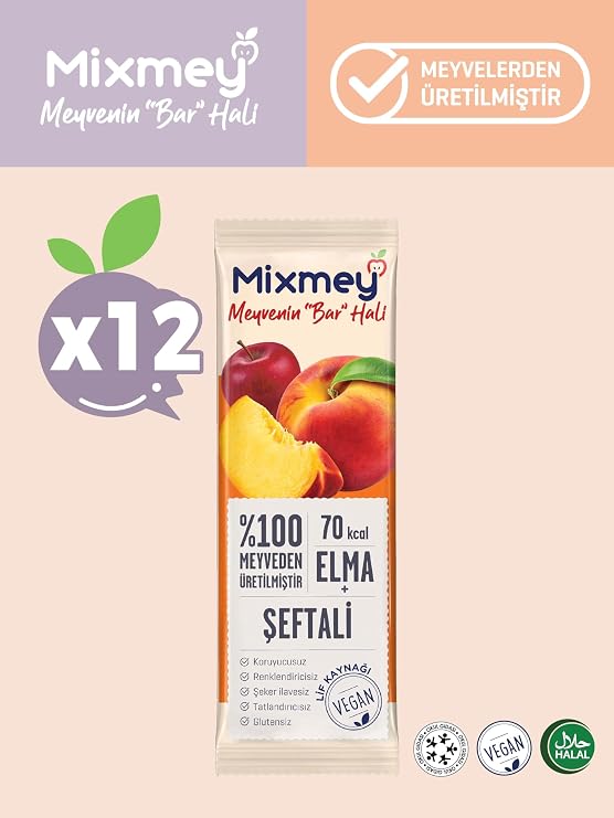 Mixmey Şeftali Meyve Barı 12 Adet | Sağlıklı Atıştırmalıklar – Vegan, Glutensiz, Koruyucusuz 20gr X 12 Adet