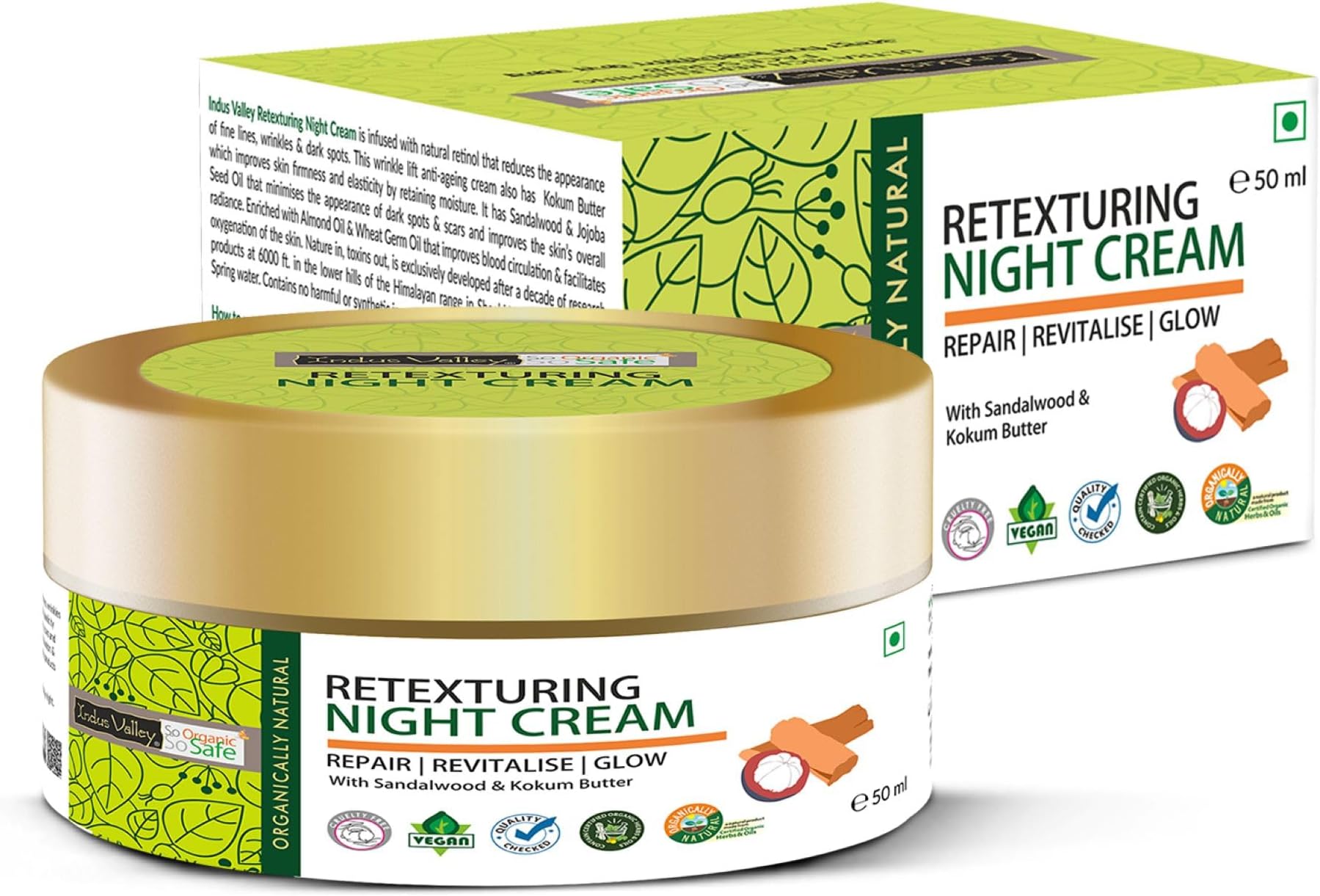 Indus Valley Halal Certified Organic Retexturing Night Cream Mysore Sandalwood Kokum Butter Glowing Skin
