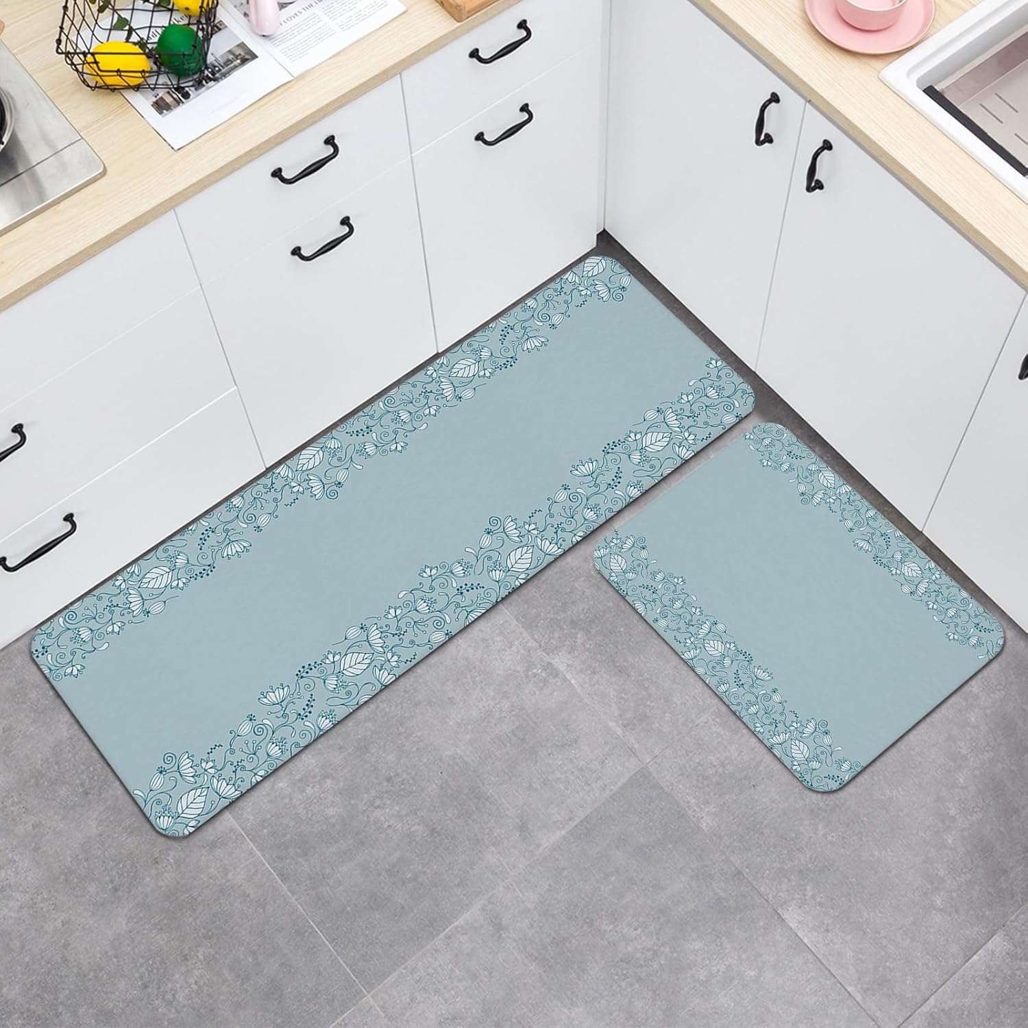 Cartoon 2 Pieces Kitchen Mats Floor Area Rug Set Ocean Starfish Conch Shell Non-Slip Doormat, Indoor Water Absorbent Standing Runner Rugs for Home Decor Blue Gradient Geometric