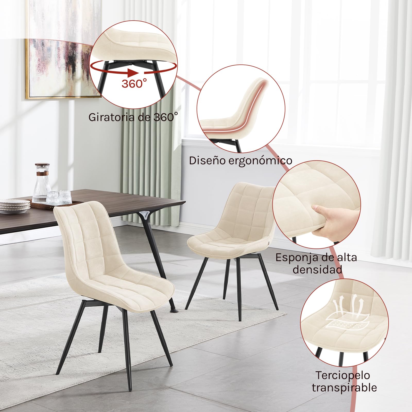 WOLTU Juego de 4 Sillas Comedor Giratorias,Terciopelo,Beige