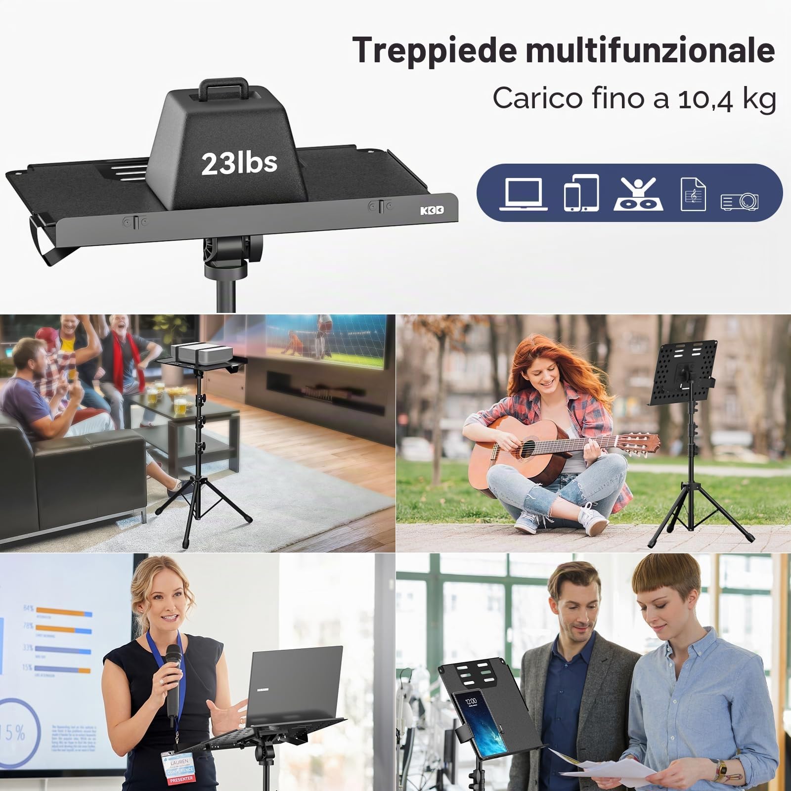KDD Supporto Treppiede per Proiettore - 4 in 1 Leggio musicale con Braccio a Molla Supporto da Pavimento Pieghevole per Laptop con Leva Scorrevole - Altezza Regolabile da 23" a 63" e Rotazione di 180°