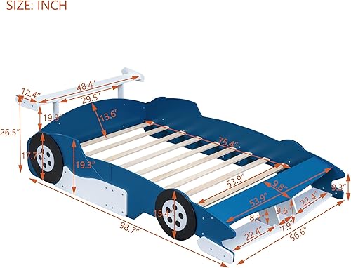 Miniatura 187 de Cama de plataforma en forma de auto de carreras con ruedas, cama de plataforma de madera tamaño individual con barandilla, cama de plataforma para