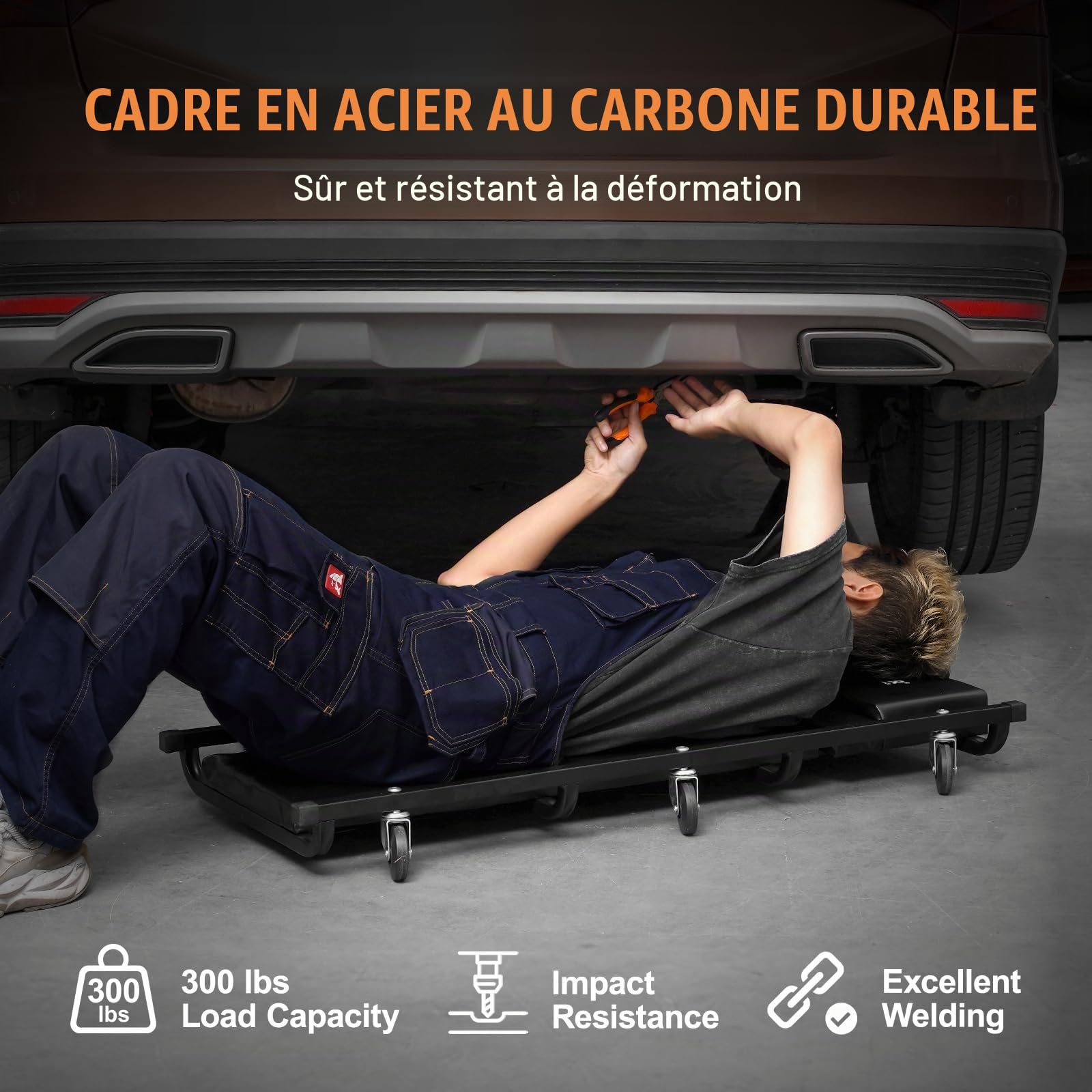 VEVOR Chariot de Visite 102,5 cm, Chariot de Mécanicien Charge 136,1 kg, Cadre en Acier, avec 6 roulettes, Appui-tête Rembourré Réglable, Profil Bas, pour Garage, Atelier, Réparation Automobile