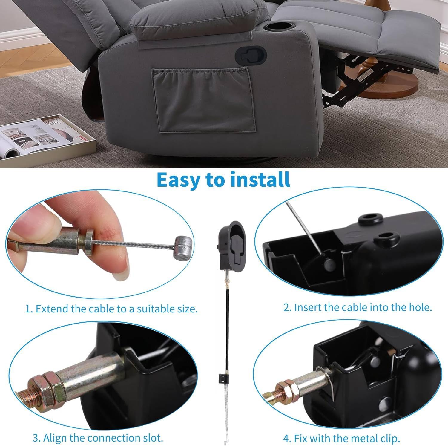 Universal Recliner Handle Replacement Parts Lever Cable Pull, Metal Couch Latch Release Pull (Exposed Cable Adjustable 4.7" to 5.2"), Fit for Ashley/Lazy Boy and Most Recliner Sofa Chair