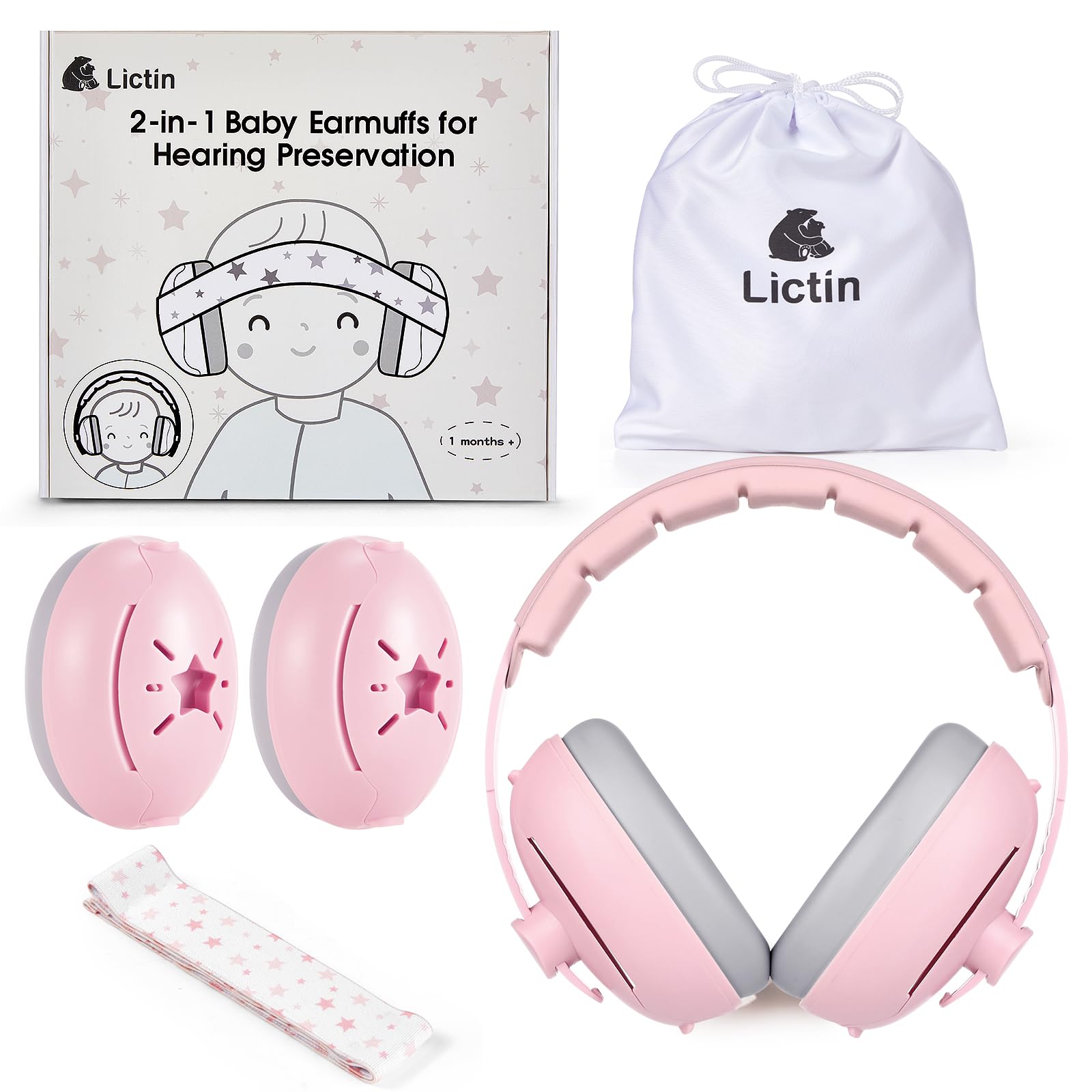 Lictin 2-in-1 Baby Earmuffs Noise Protection, Infant Noise Cancelling Headphones, Adjustable Baby Ear Protection, Star Noise Reduction Earmuffs for Babies and Toddlers up to 4 Years