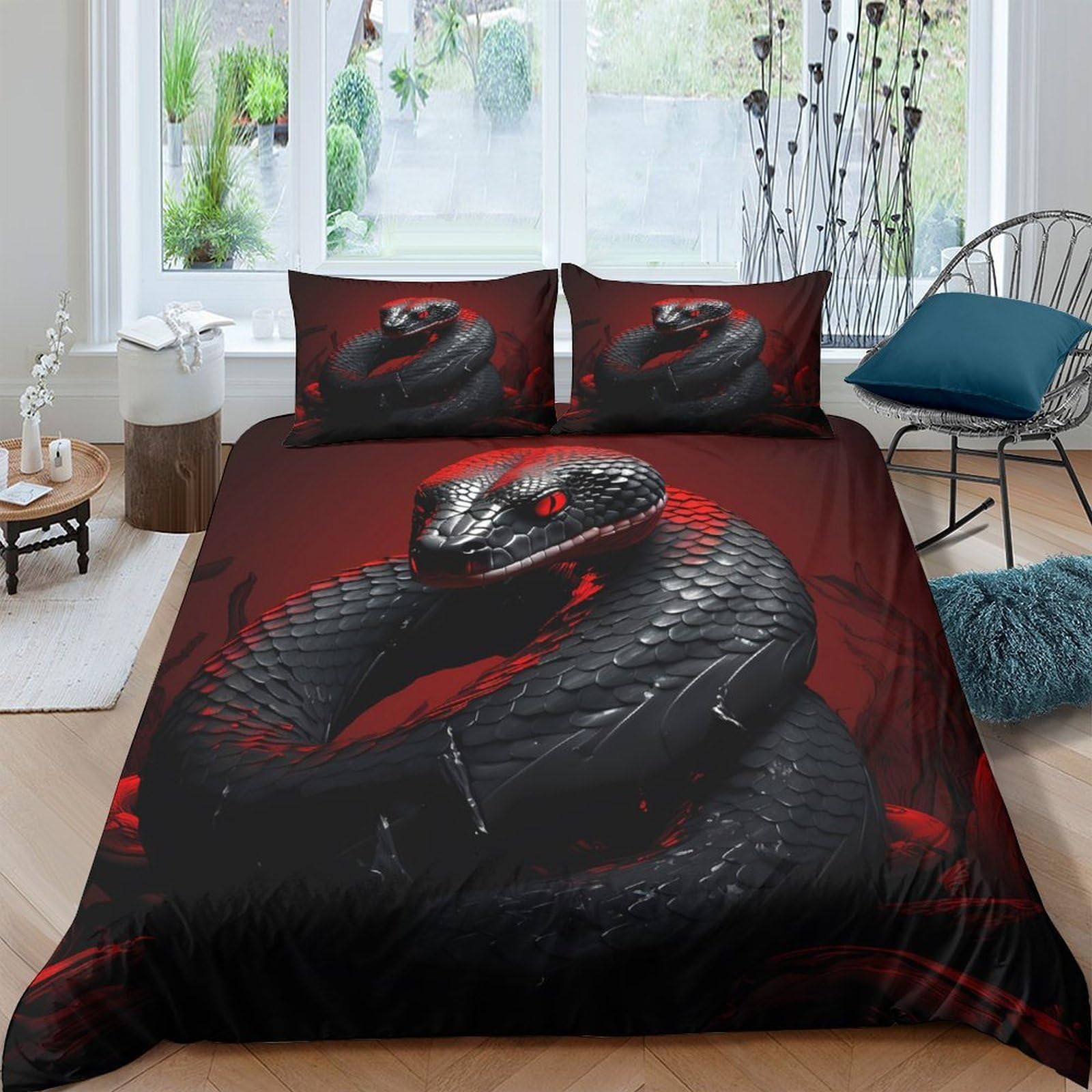 GPLZQXKJNH 3D Printed Black Snake Duvet Cover Microfiber Soft Red Serpent Bedding Set with 2 Pillowcases for Bedroom Home Single（135x200cm）