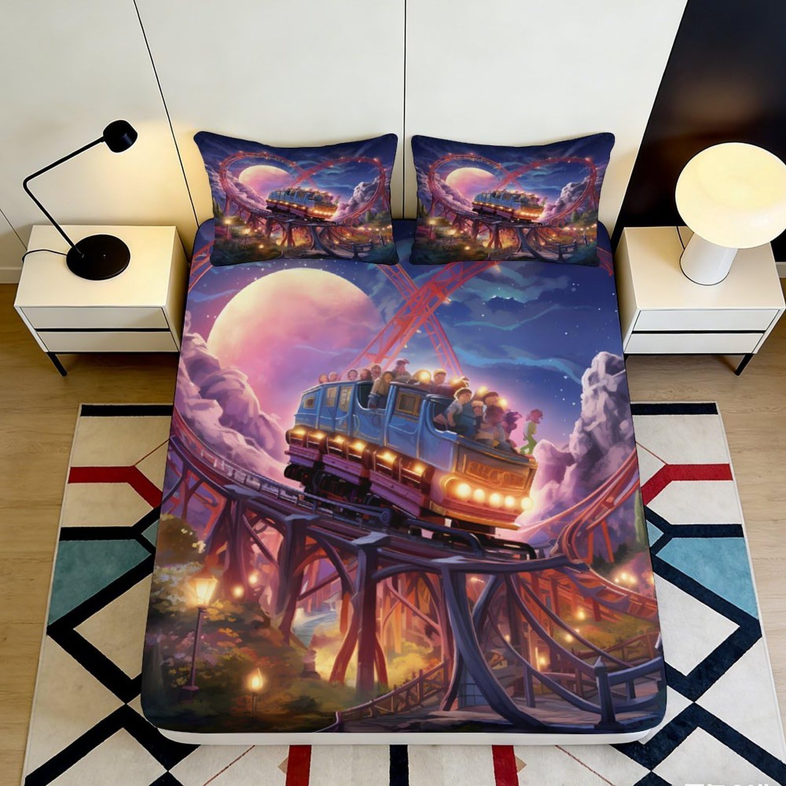 3D Printed Fantasy Train Adventure Fitted Sheet Microfiber Soft Breathable Moonlight Roller Coaster Bed Cover for Bedroom Dorm Decor 140x200x25cm