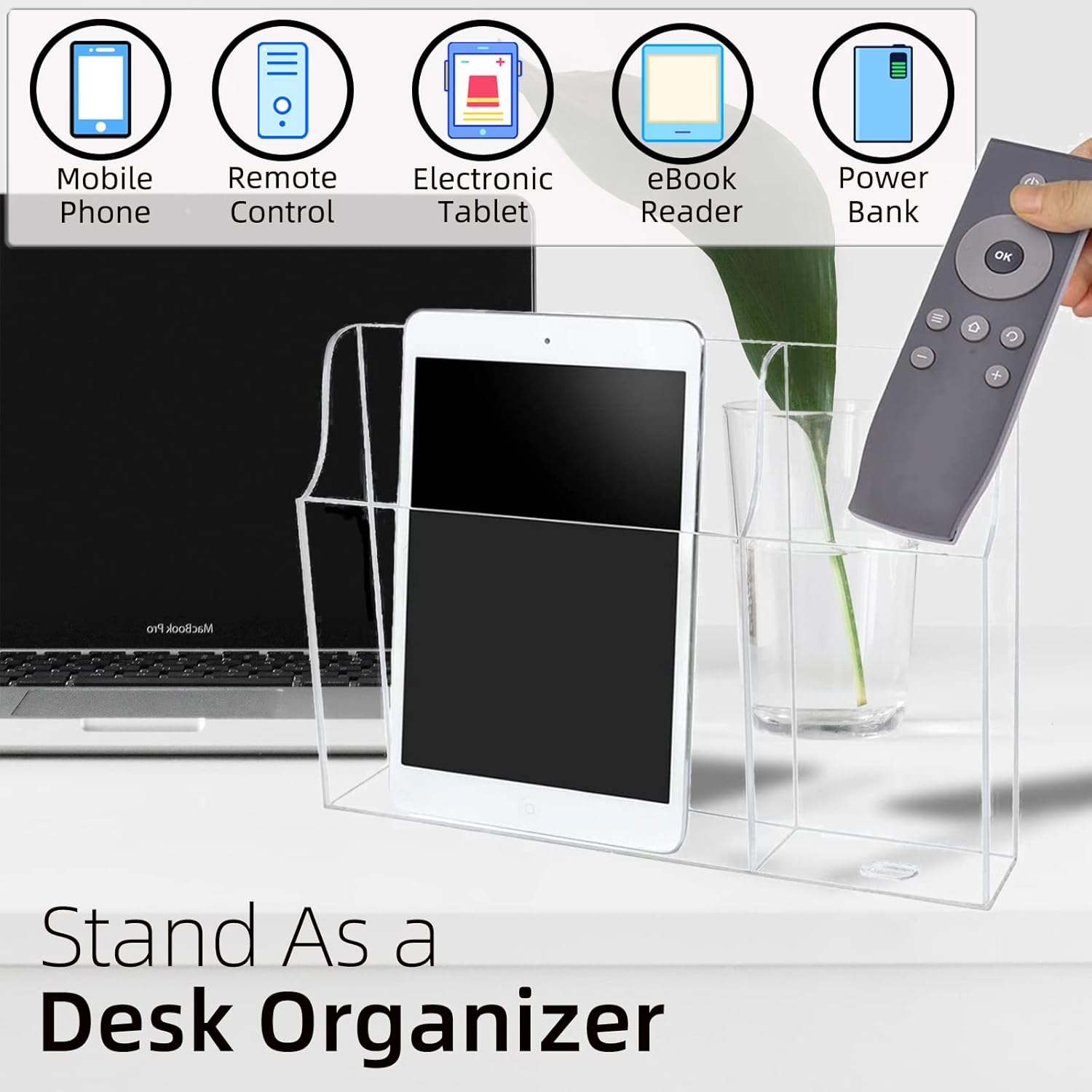 Clear Wall Tablet Holder Acrylic Wall Mounted Phone Holder for iPad, Remote Control Holder Laptop Stand for eReader Storage Caddy with Charging Holes for Kindle iPhone