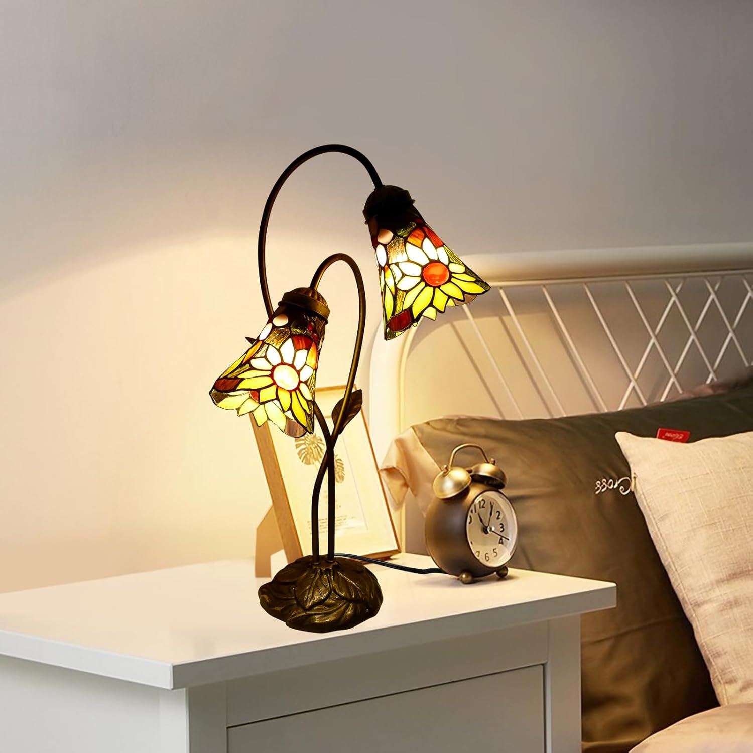 Tiffany Style Table Lamp Double Headed Desk Lamp 2-Light Tiffany Table Lamp Sunflower Stained Glass Lamps 5.5" Wide 24" Tall for Bedroom Living Room Home Office