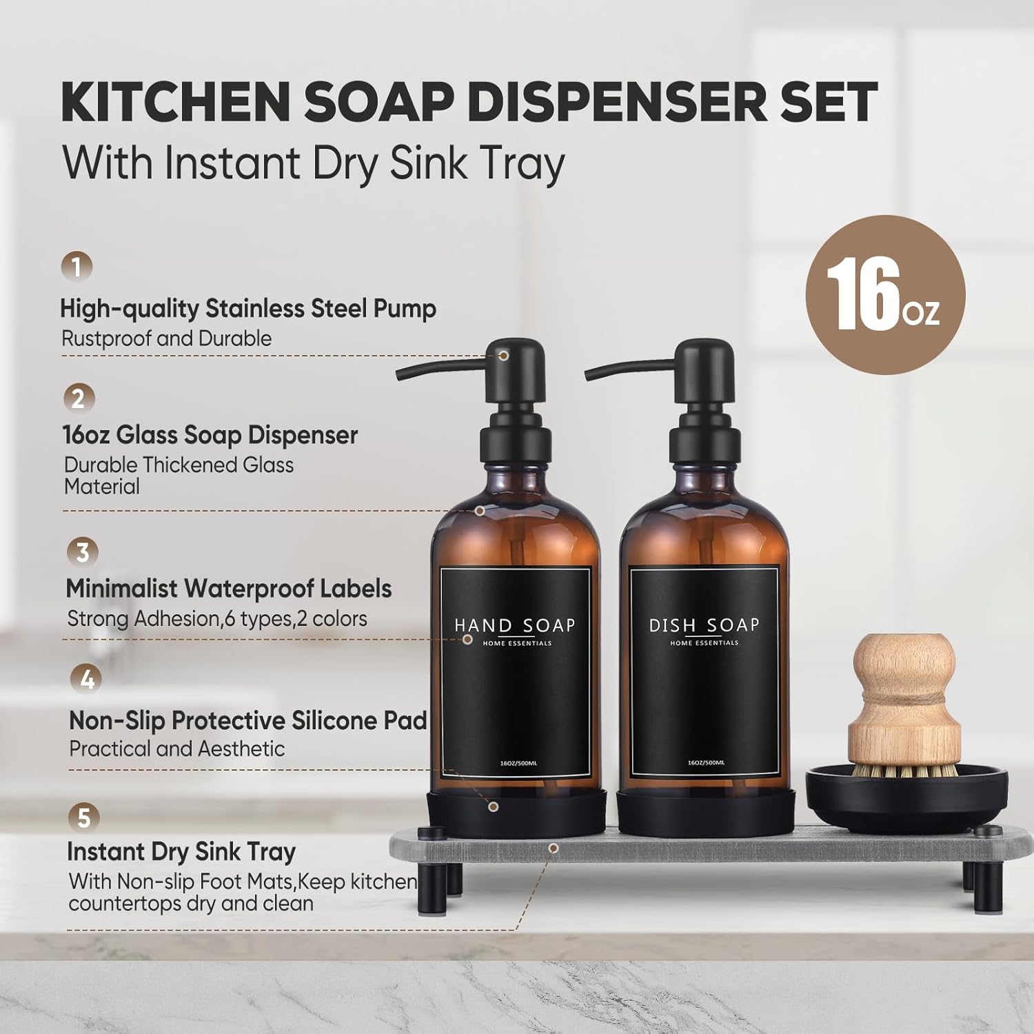 Kitchen Soap Dispenser Set with Instant Dry Tray,16 Oz Hand and Dish Soap Amber Glass Dispenser Set,Stainless Steel Pump,Waterproof Labels&Dish Brush,Luxury Soap Bottle for Kitchen,Bathroom thumbnail