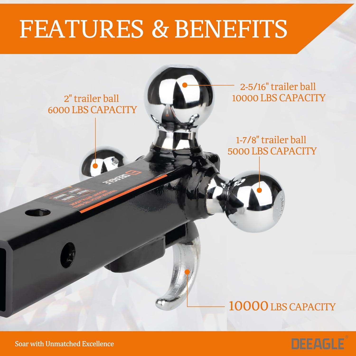 Hitch Tightener Anti Rattle Stabilizer and Trailer Hitch Tri Ball Mount with Hook