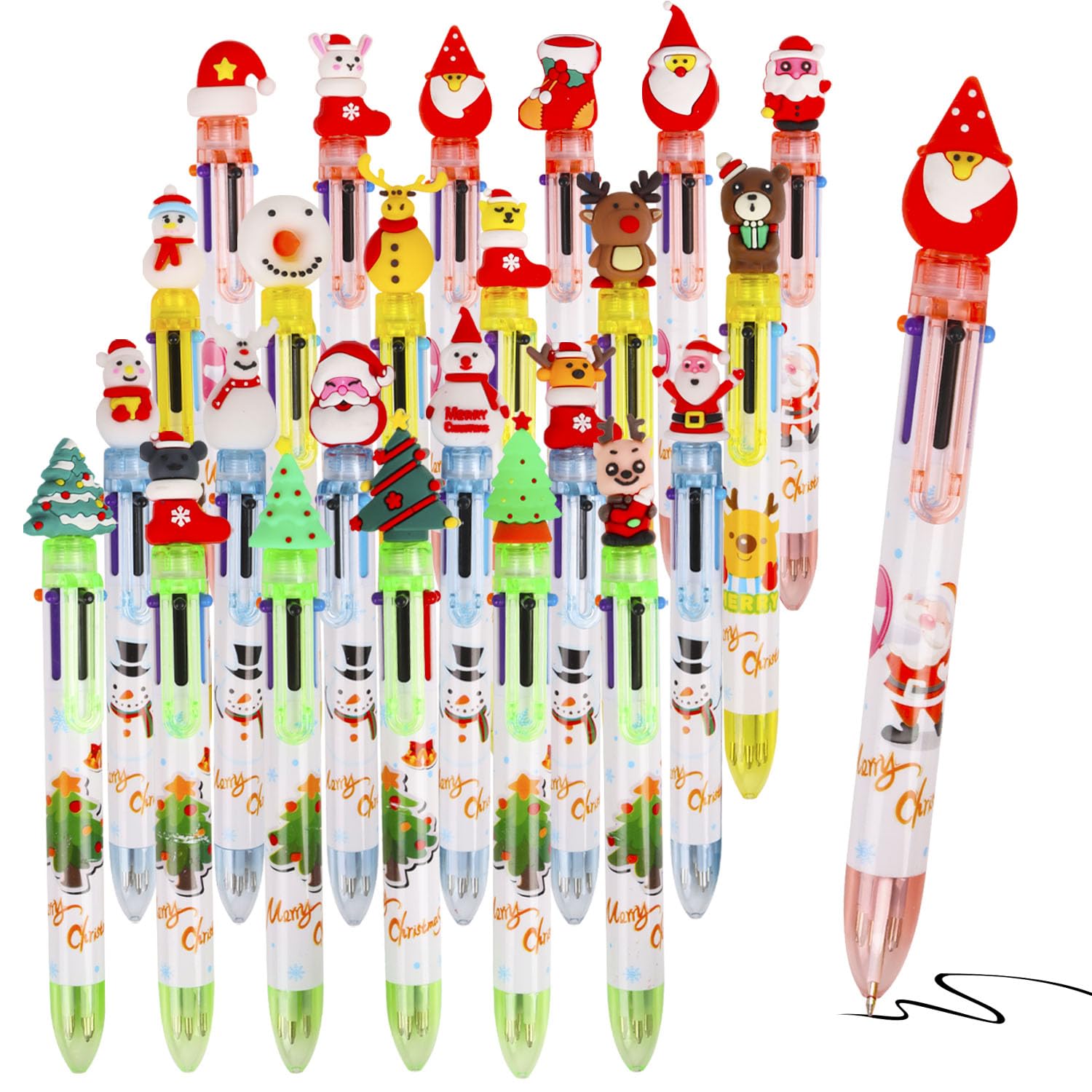 LOKIPA Christmas Multicolor Ballpoint Pen, 24PCS 6 In 1 Christmas Ballpoint Pens 4 Colors Retractable Ballpoint Pens for Christmas Party School Office