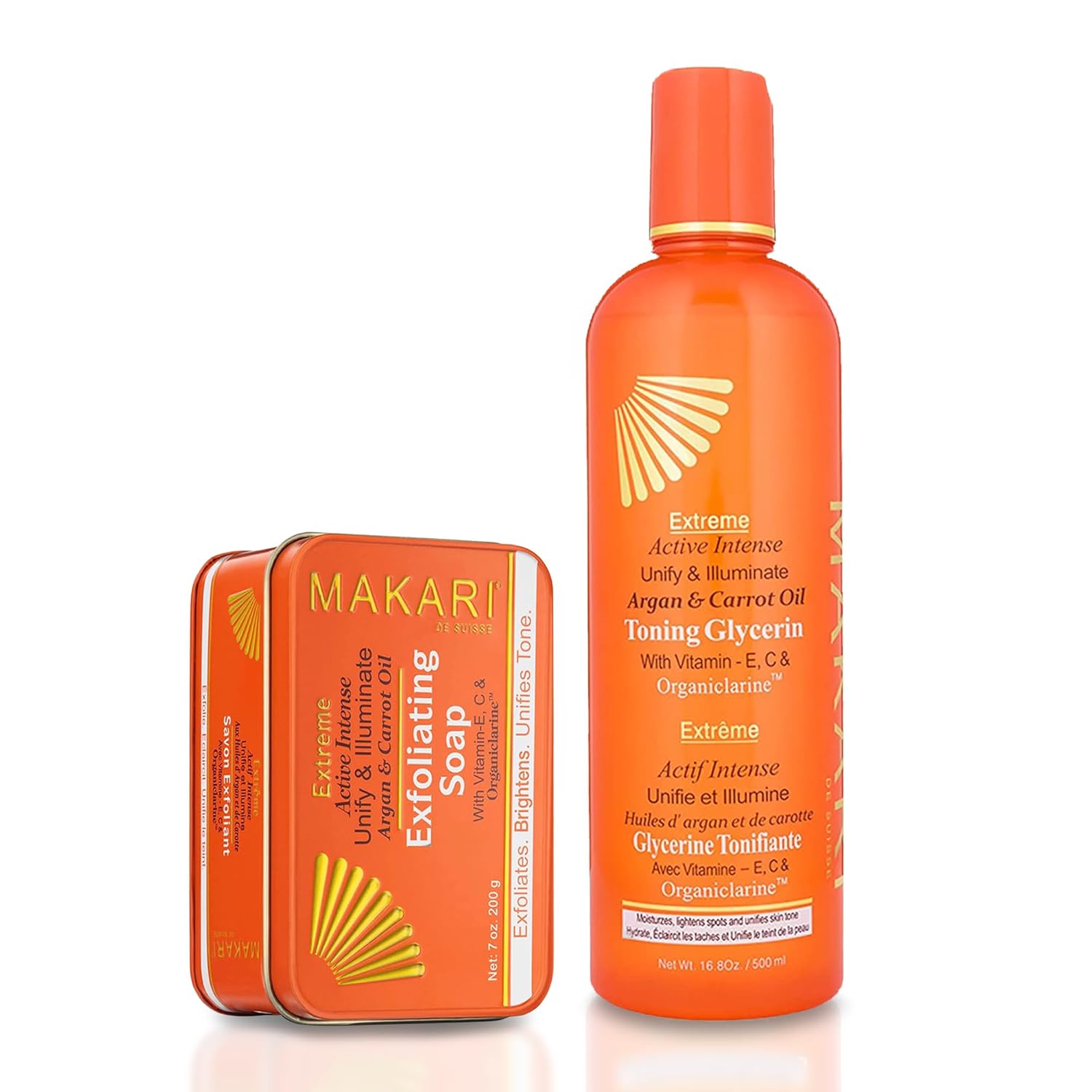 MAKARI Extreme Active Intense Skincare Bundle | Argan & Carrot Oil Exfoliating Soap & Tone-Boosting Body Glycerin | Brightening, Hydrating, and Spot-Fading Duo