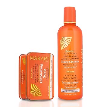 MAKARI Extreme Active Intense Skincare Bundle | Argan & Carrot Oil Exfoliating Soap & Tone-Boosting Body Glycerin | Brightening, Hydrating, and Spot-Fading Duo