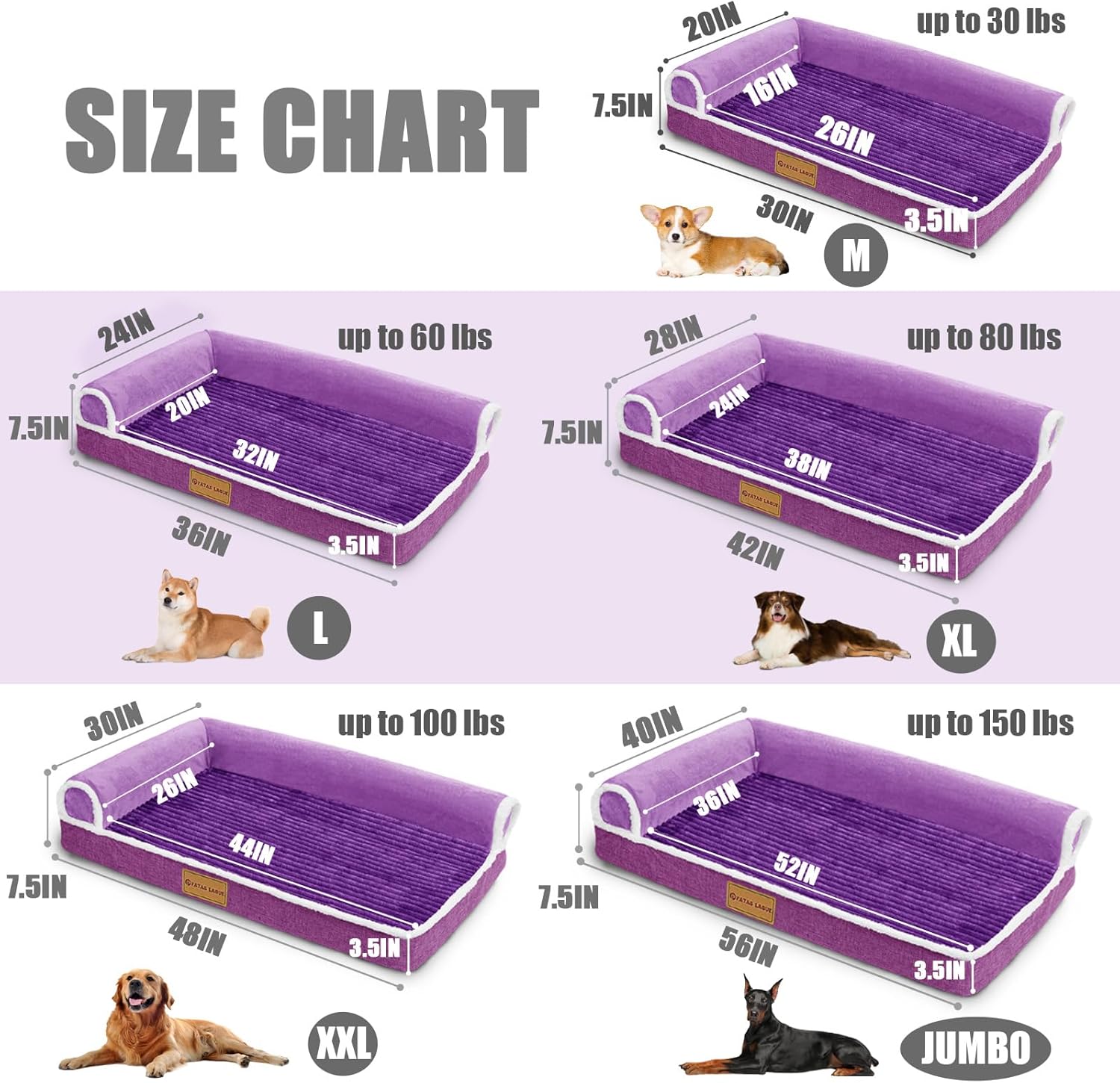 Patas Lague Orthopedic XL Dog Bed Large Sized Dog 48''X30'', Waterproof Comfortable L Bolster Big Extra Large Non-Slip Soft Warm Pet Crate Bed Sleep Sofa mat with Removable Washable Cover, Purple