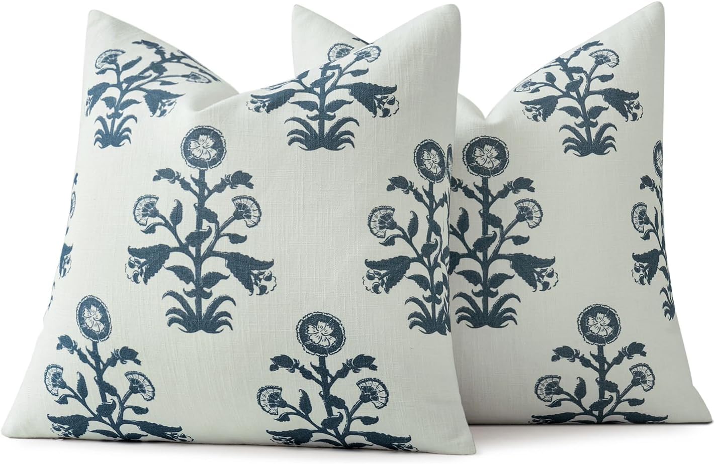 MIULEE Set of 2 Vintage Pillow Covers Neutral Decorative Floral Throw Pillows Block Print Boho Farmhouse Cushion Covers for Modern Rustic Home Decor Sofa Bed Living Room, 20 x 20 Inch, Blue