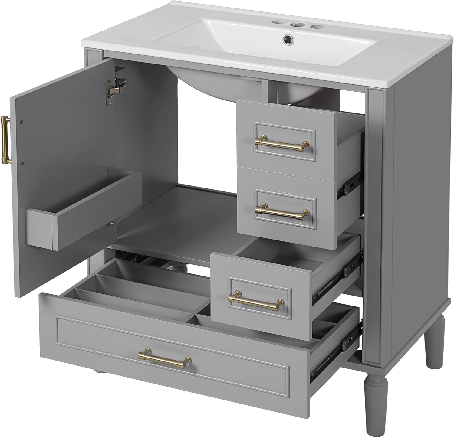 30" Bathroom Vanity with Ceramic Sink, White, Solid Wood and MDF, Three Drawers, Soft-Close Door, Gold Handles, Free-Standing (Gray)