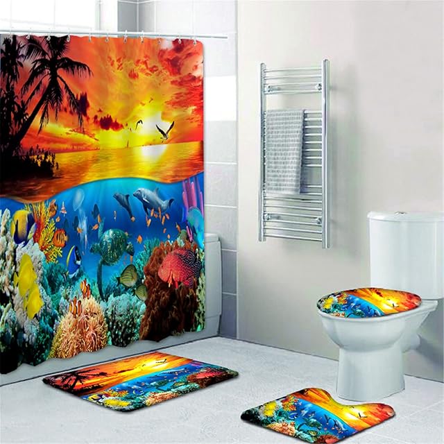 Fgolphd Underwater World Shower Curtain 180 x 200 cm 180 x 180 cm Beach Colourful Bathroom Rug 4-Piece Set Shower Curtains Waterproof (13.180 x 180 cm)