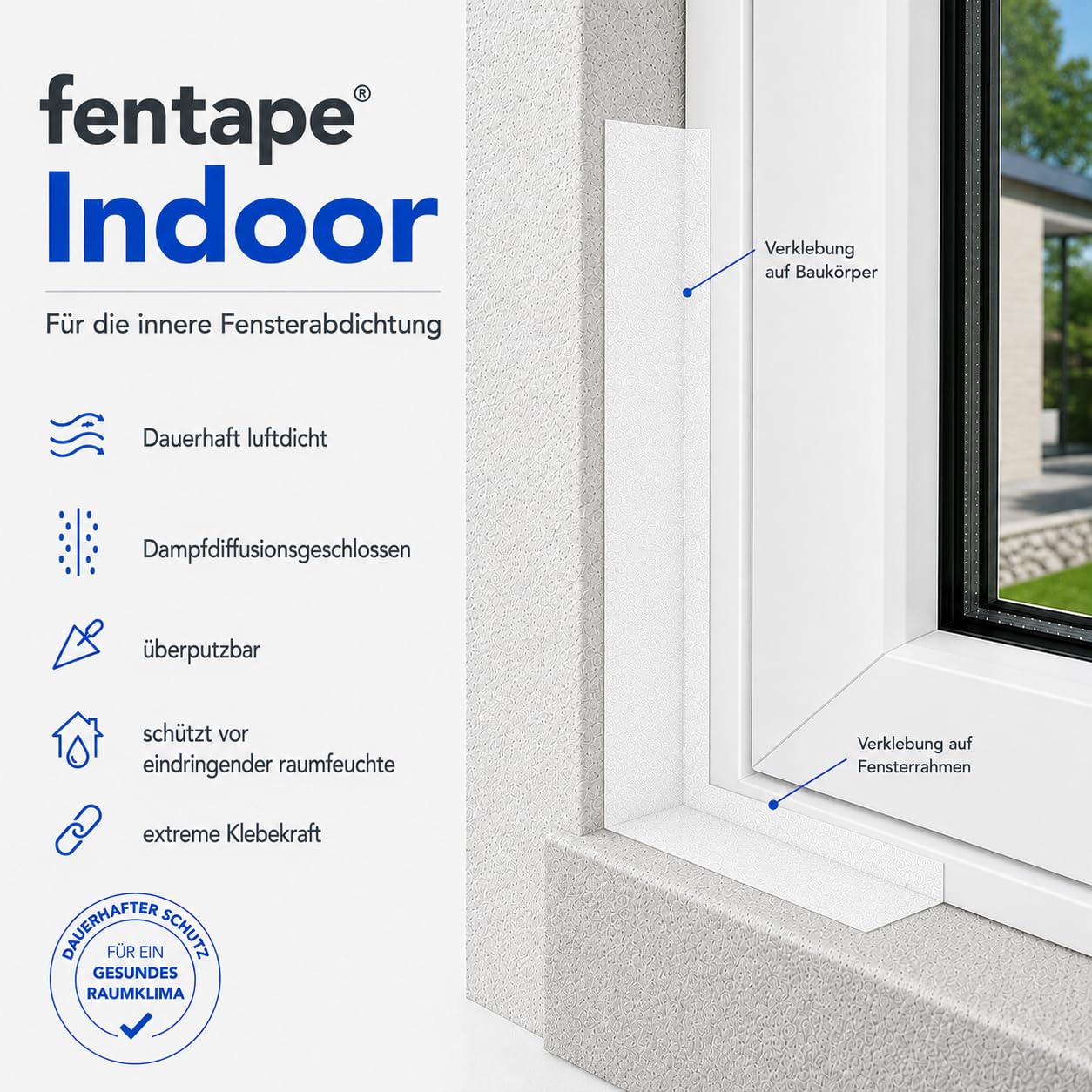 Fensteranschlussband Innen 100 mm x 25 m – Fensterdichtband für RAL-Montage – Vollflächig selbstklebend – Winddicht, luftdicht, dampfdiffusionsdicht, überputzbar Indoor