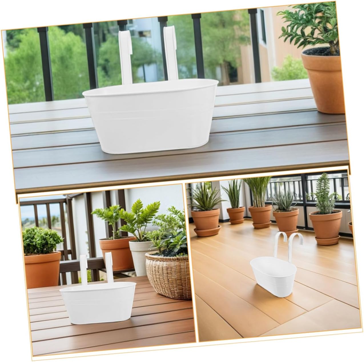 Totority 3pcs Wrought Iron Hanging Planters with Detachable Handles for Balcony and Patio, Oval White Metal Deck Railing Flower Pots 27x14.5cm, Outdoor Garden Fence Hanging Baskets