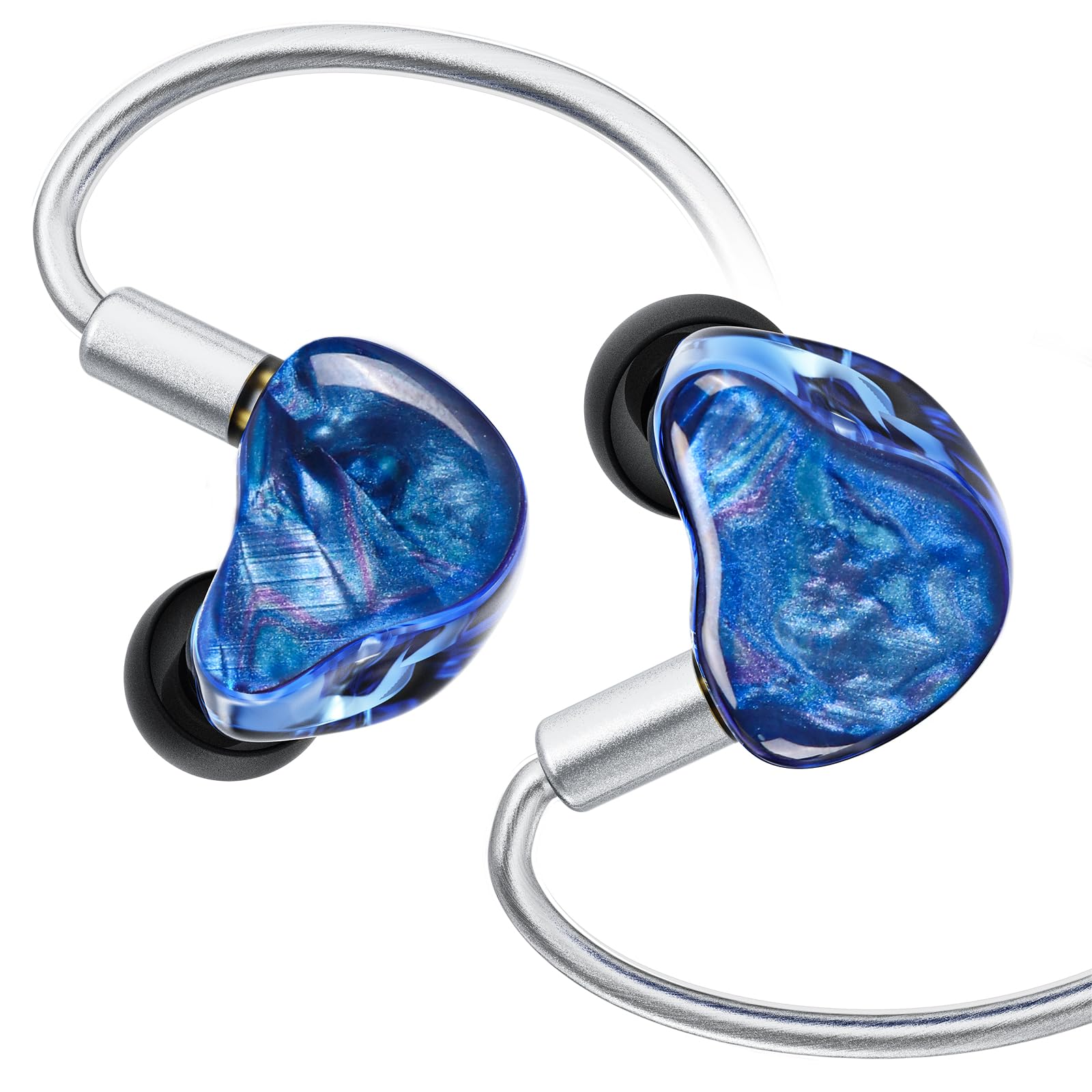 IEM - Auricolari in-ear Hi-Fi con driver dinamico a doppia camera da 10 mm, auricolari con cavo OFC placcato argento 364-Core, guscio in resina artigianale, senza microfono, per audiofili (blu)