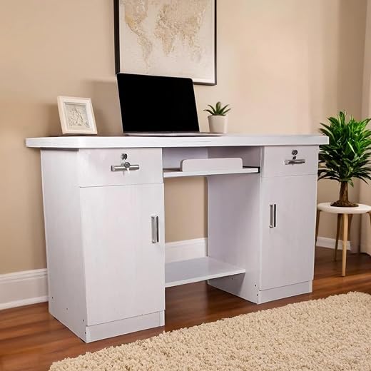 CASPIAN Office/Computer Desk Cum Study Table (White) | Engineered Wood Pre-Assembled Furniture with 2 Storage Cabinet, 2 D...