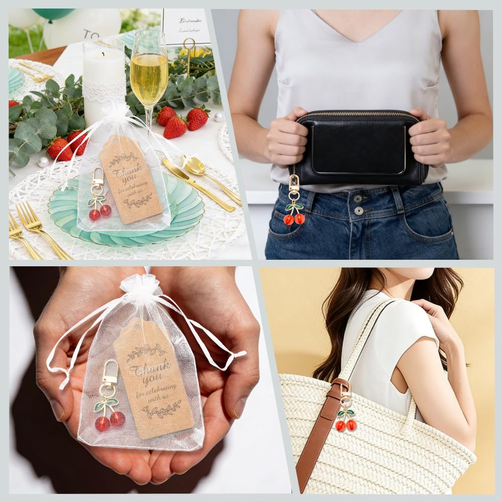 CRASPIRE 24 Set Portachiavi Ciliegia Rossa all'Ingrosso Bomboniera Regali di Nozze con Sacchetto di Organza Etichetta di Ringraziamento Portachiavi di Frutta Ciondolo Accessori Regalo Souvenir