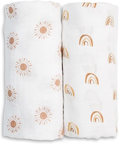 lulujo Boho Swaddle Set, Cotton Muslin Blankets, 2 Pack (Rainbows & Suns)
