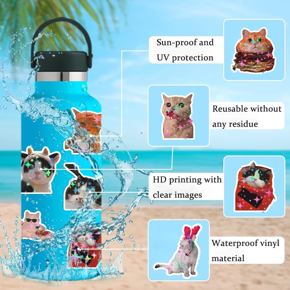200 PCS Holographic Cat Stickers Pack, Kawaii Cat Meme Stickers Funny Kitten Sticker for Water Bottles Laptop Luggage Suitcase, DIY Waterproof Vinyl Decals Gifts for Adults - Image 4