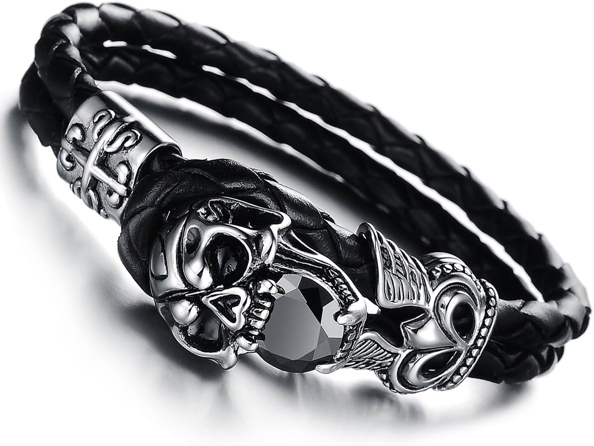 Cupimatch Bracciale in pelle da uomo Breit nero marrone intrecciato