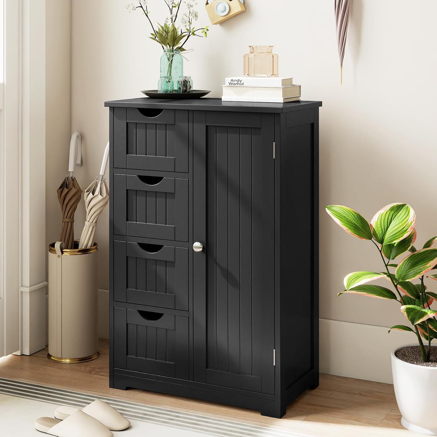 MAT EXPERT Bathroom Storage Cabinet, Wooden Floor Cabinet with 4 Drawers & Round Knob, 3-Level Adjustable, 4 Drawers Bathroom Organizer Cabinet Freestanding for Living Room, Kitchen, Entryway (Black)