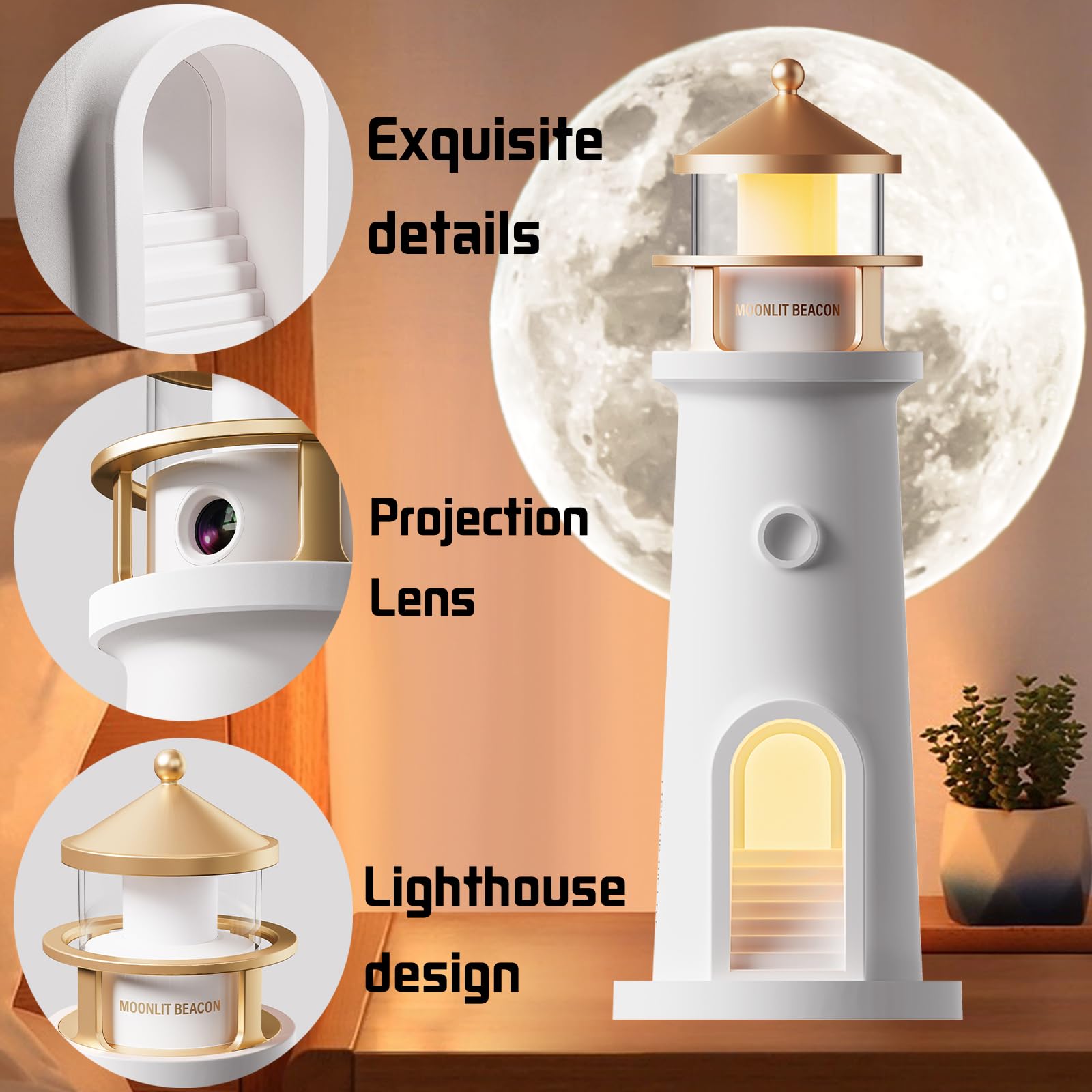 YOUYIKE Luce di Proiezione Lunare, Lampada da tavolo a forma di faro, proiettore di luce notturna, faro con proiezione lunare, Luce Notturna a LED, per Camera da Letto