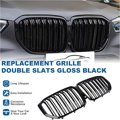 Miniatura 44 de Parrilla de riñón para parachoques delantero, color negro brillante, compatible con BMW X5 E70 X6 E71 2007-2014 doble listón doble línea Láminas